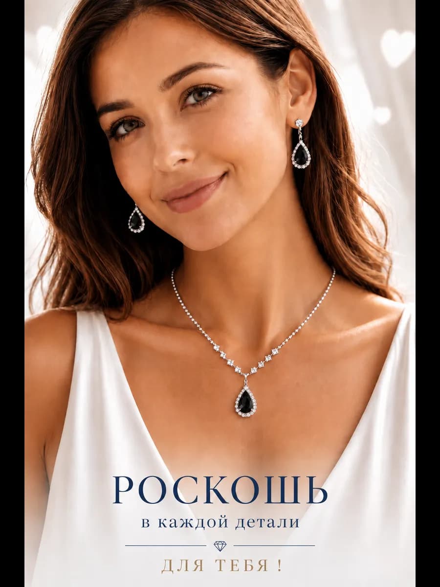 Комплект бижутерии женский с черным камнем колье и серьги