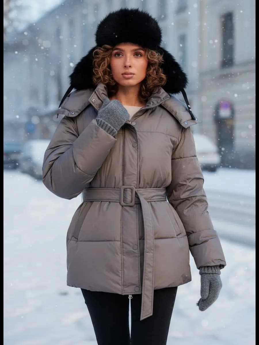 Куртка на поясе с капюшоном демисезонная - фото 1