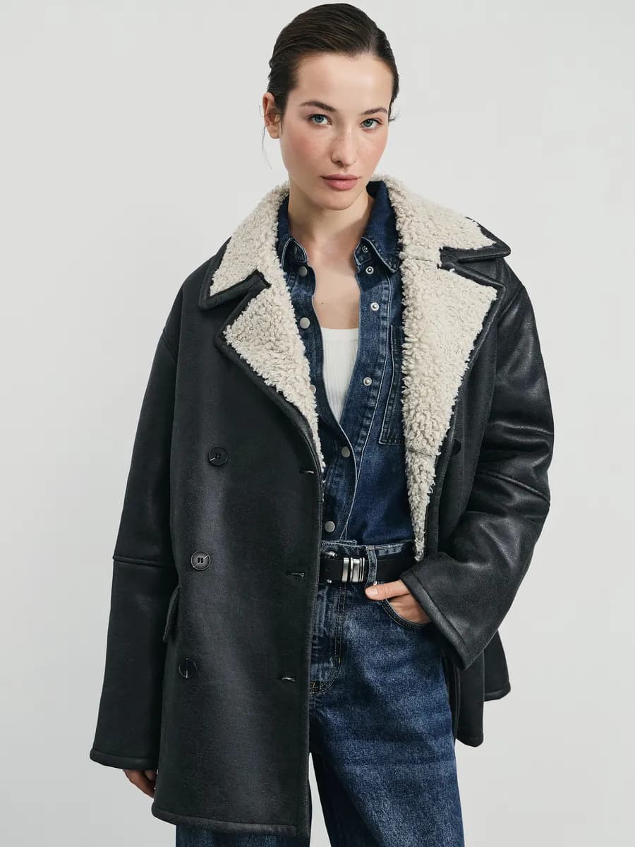 Дубленка двубортная на пуговицах демисезонная - фото 1