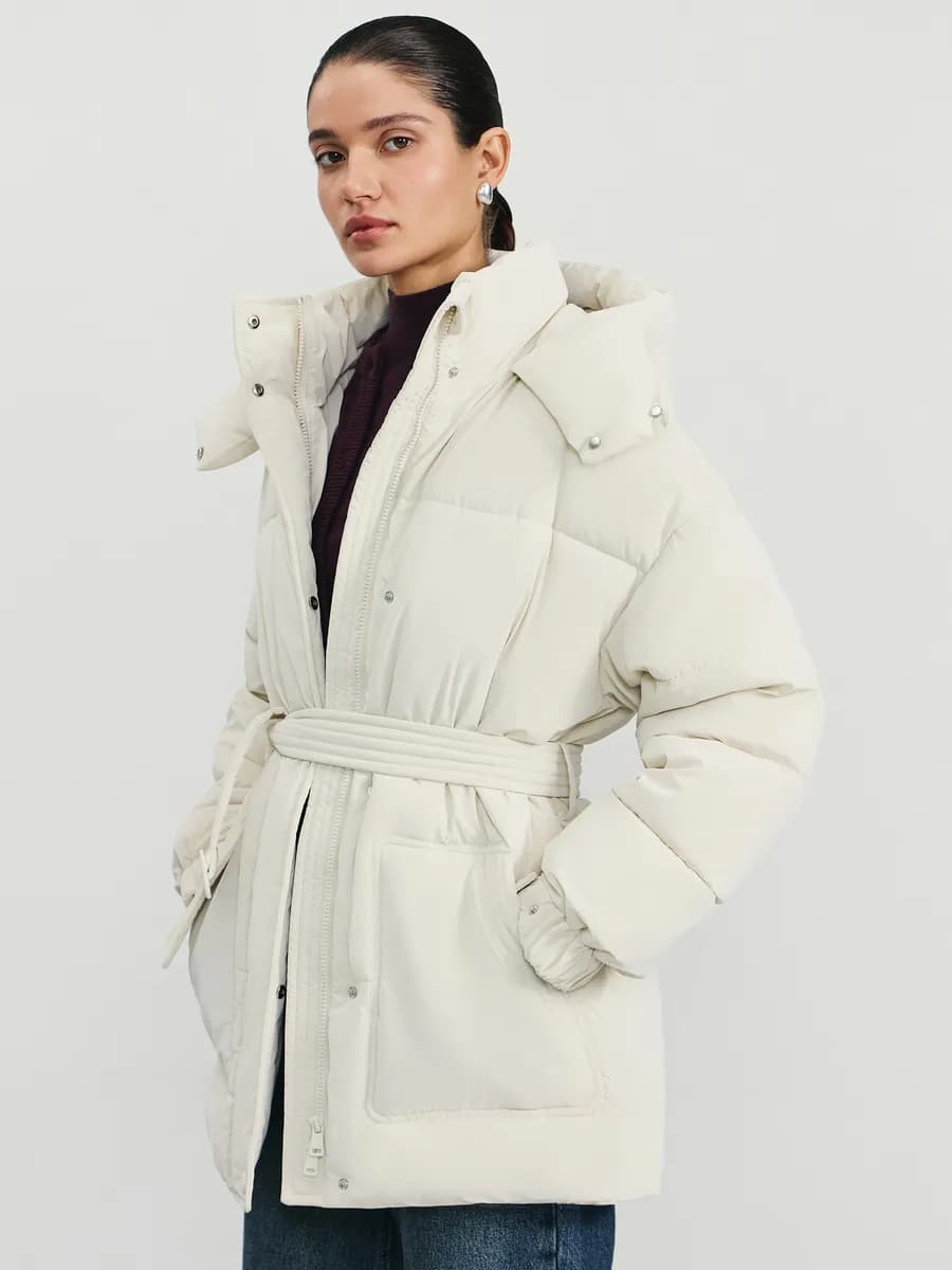 Куртка стеганая с поясом пуховик с капюшоном