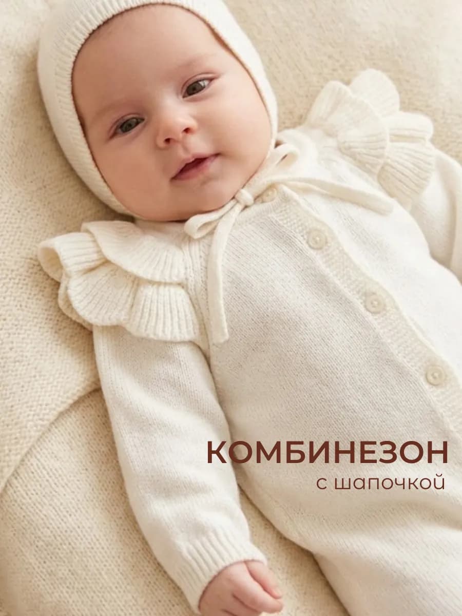 Вязаный комбинезон для новорожденных комплект на выписку