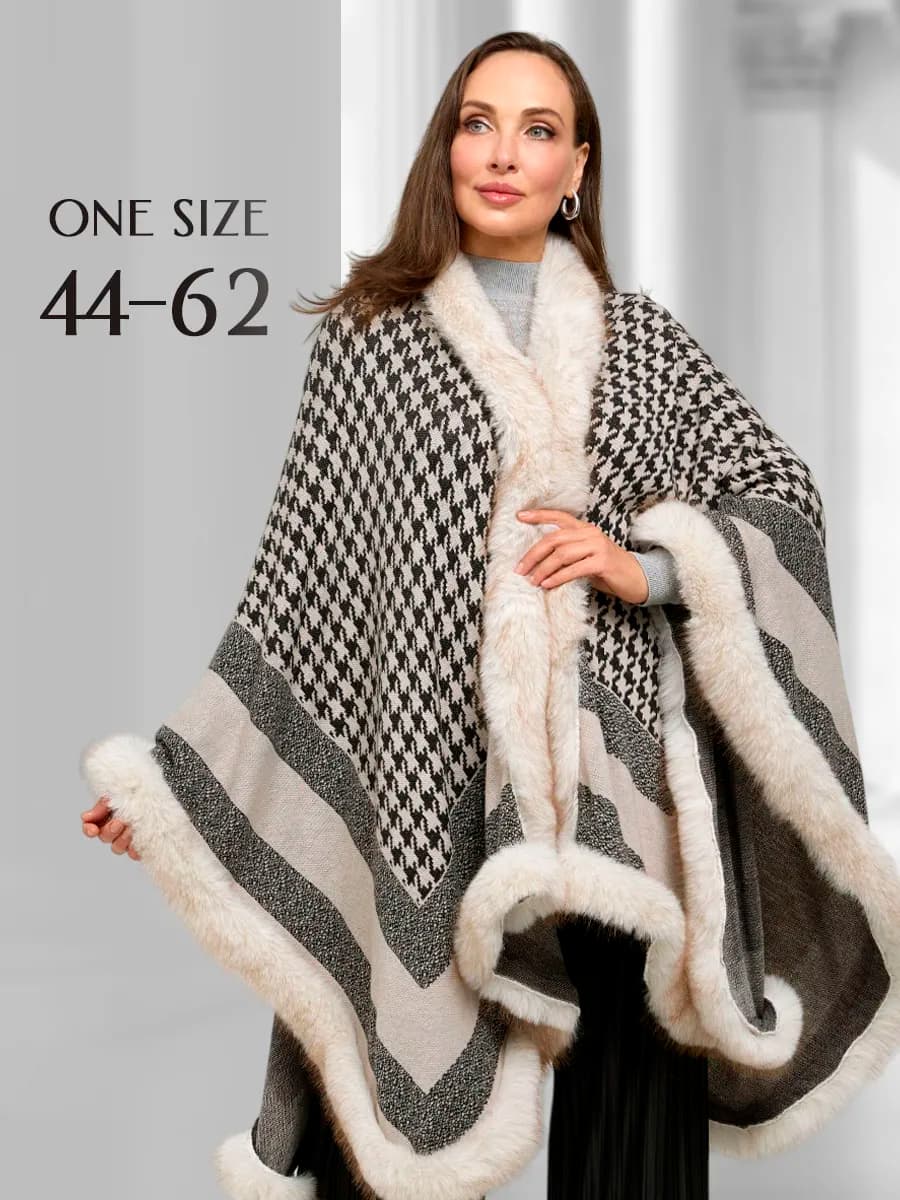 Теплое пончо на весну с мехом "Элегия" большие размеры