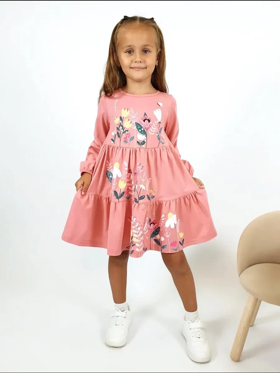 Платье детское с длинным рукавом и вышивкой в садик