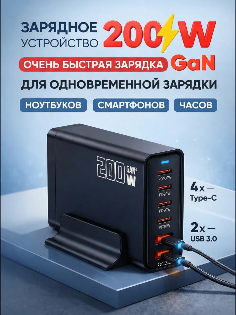 Cетевое зарядное устройство GaN 200W на 6 портов USB Type-C