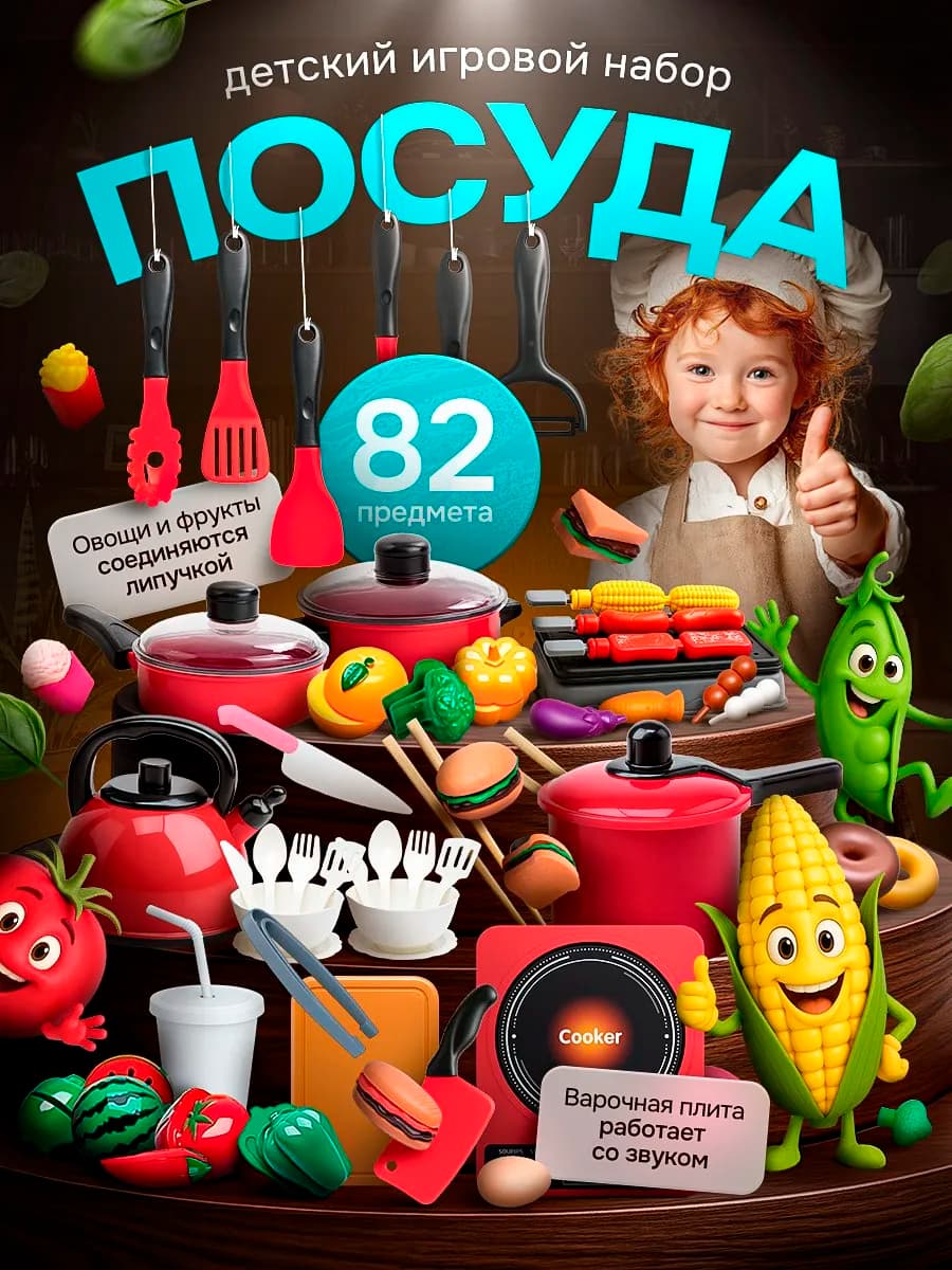 Детская игрушечная посуда с продуктами