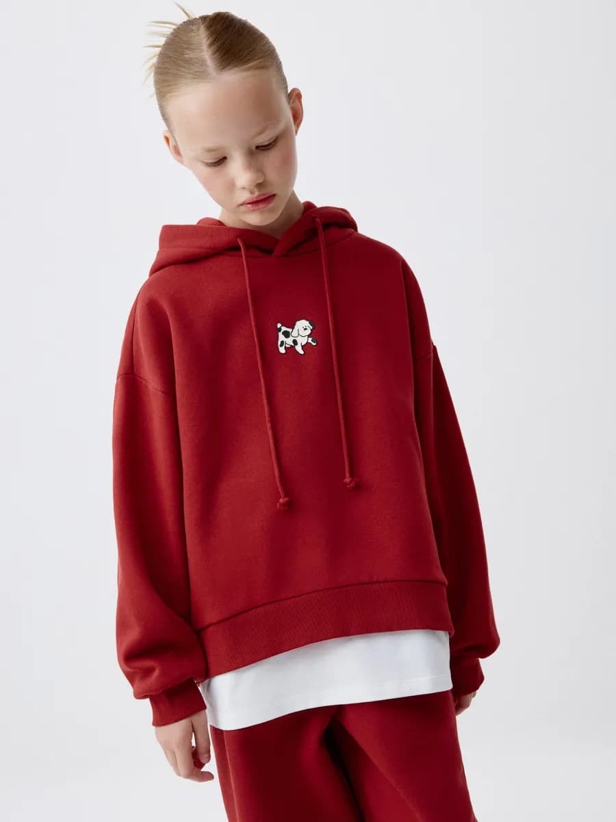 Худи оверсайз утепленное с вышивкой и имитацией футболки - фото 1