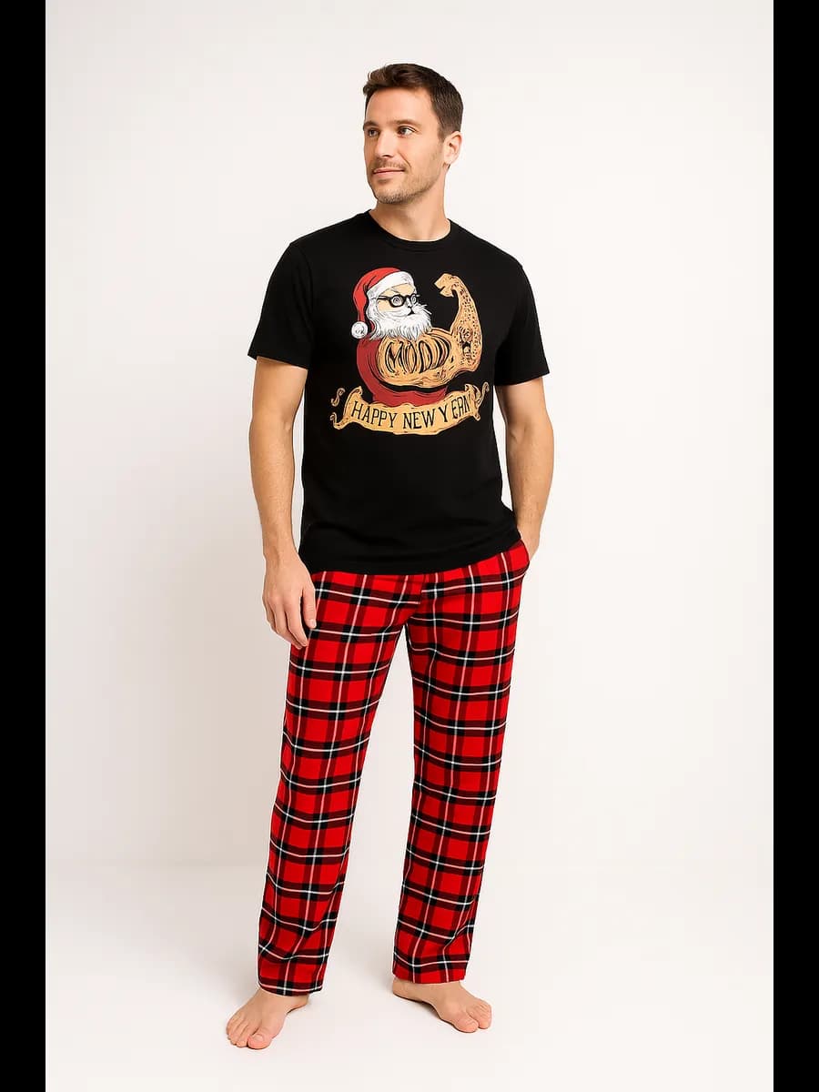 Пижама новогодняя футболка и штаны в клетку хлопок
