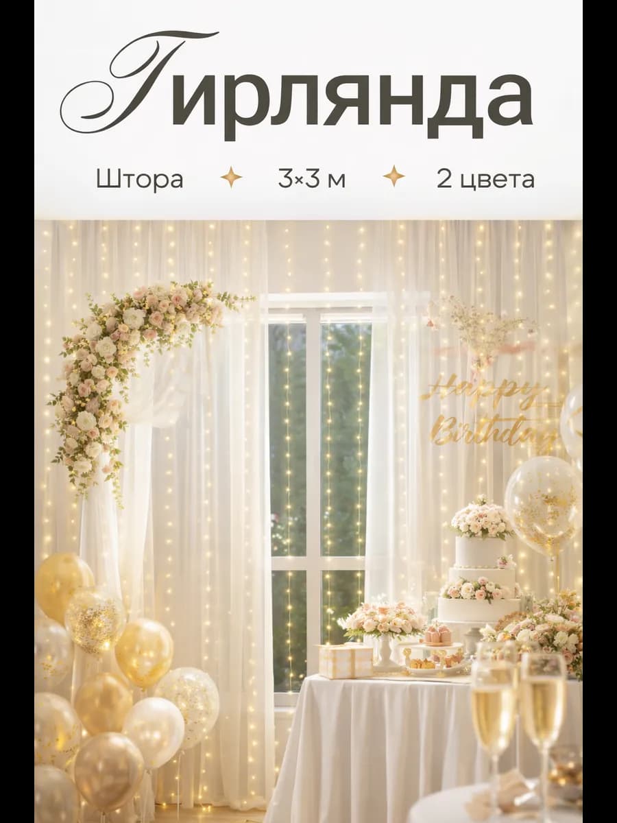 Гирлянда штора роса на окно 3×3 метра теплая