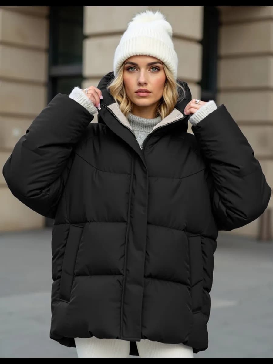 Куртка оверсайз с капюшоном зимняя короткая