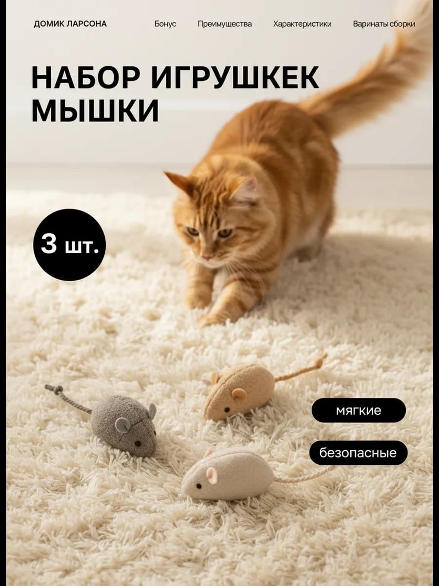 Мышки игрушки для кошки с мятой из плюша и джута 3 шт