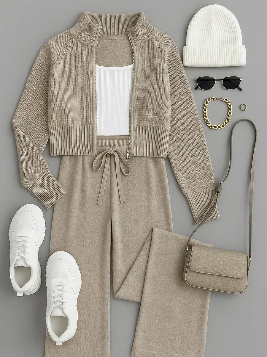 Трикотажный брючный костюм теплый вязаный осень зима