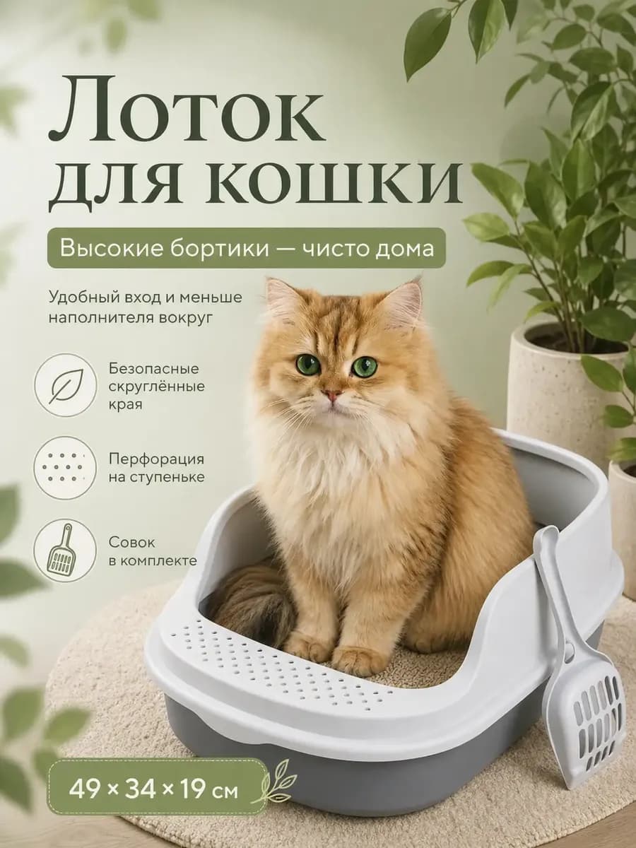 Лоток для кошек большой с высокими бортами и лопаткой