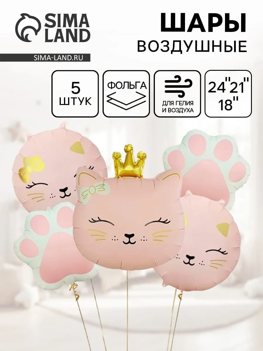 Воздушные шары Кошечка с короной 5 шт