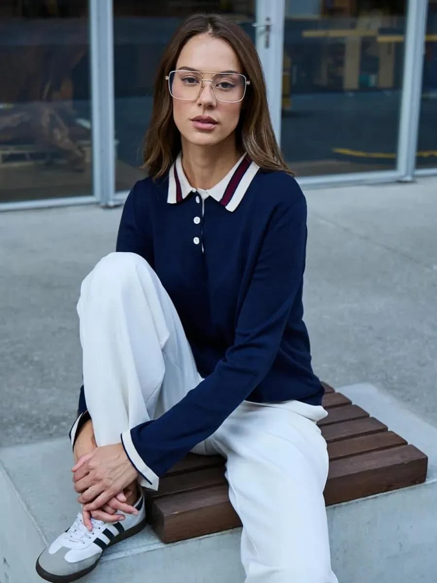 Джемпер поло с длинным рукавом вязаный - фото 1