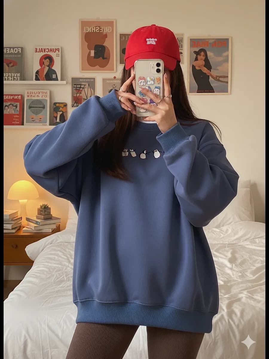 Свитшот оверсайз с принтом пингвины без начеса