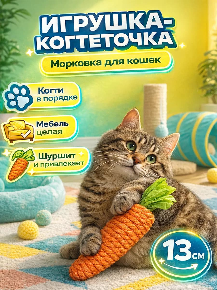 Игрушка когтеточка для кошки шуршащая дразнилка морковка