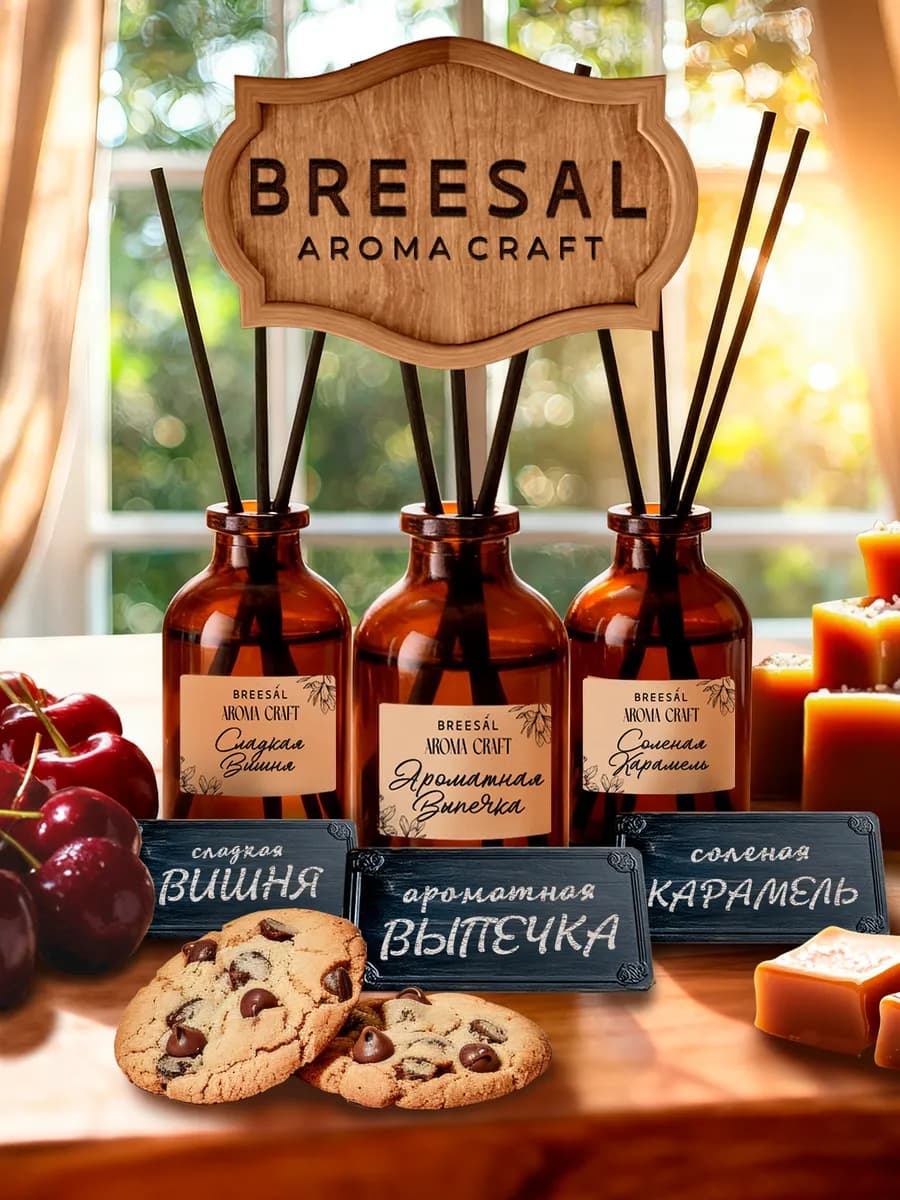 Диффузор для дома с палочками, Карамель Вишня Печенье, 3шт