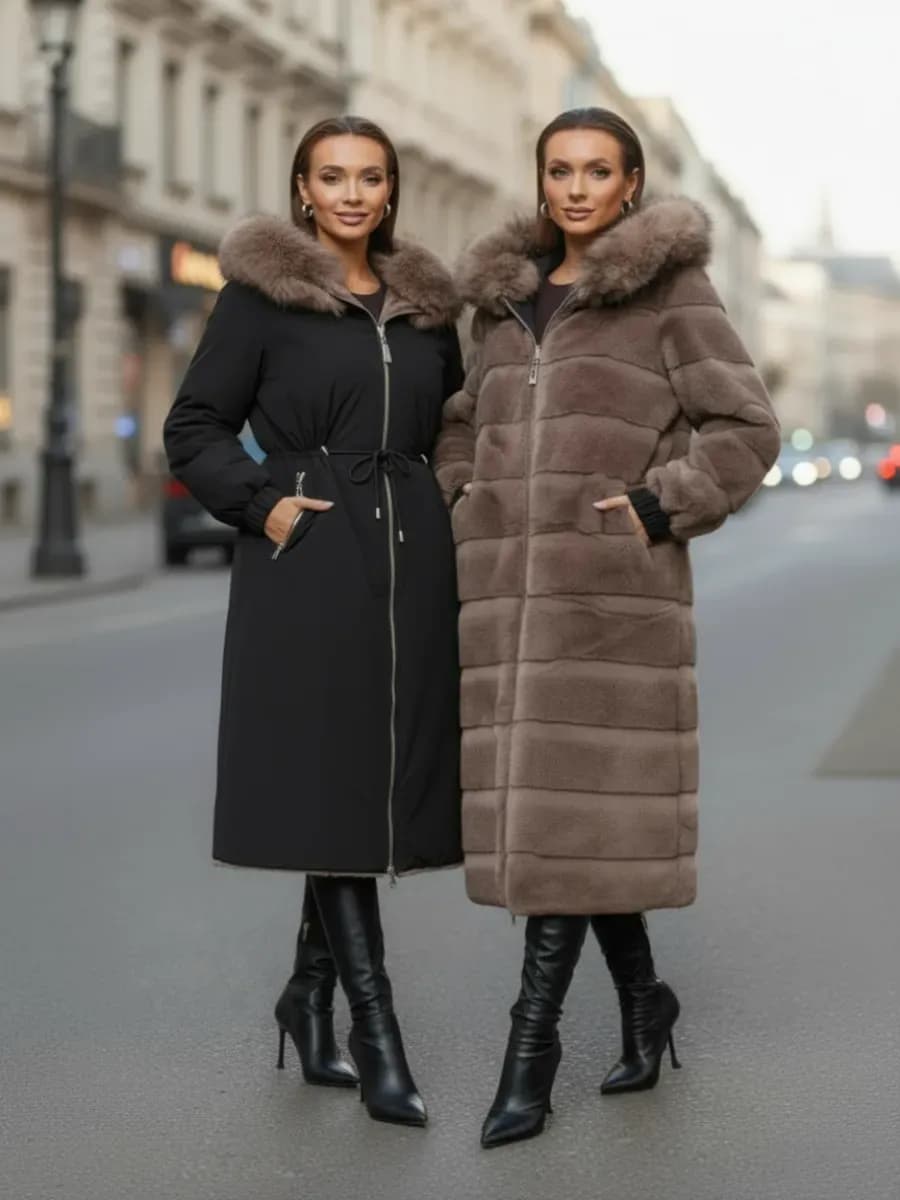 Парка шуба зимняя двухсторонняя с капюшоном из песца