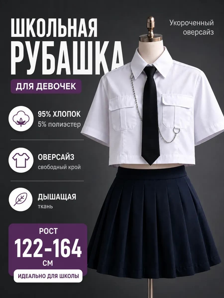 Блузка школьная рубашка укороченная с галстуком белая Y2K
