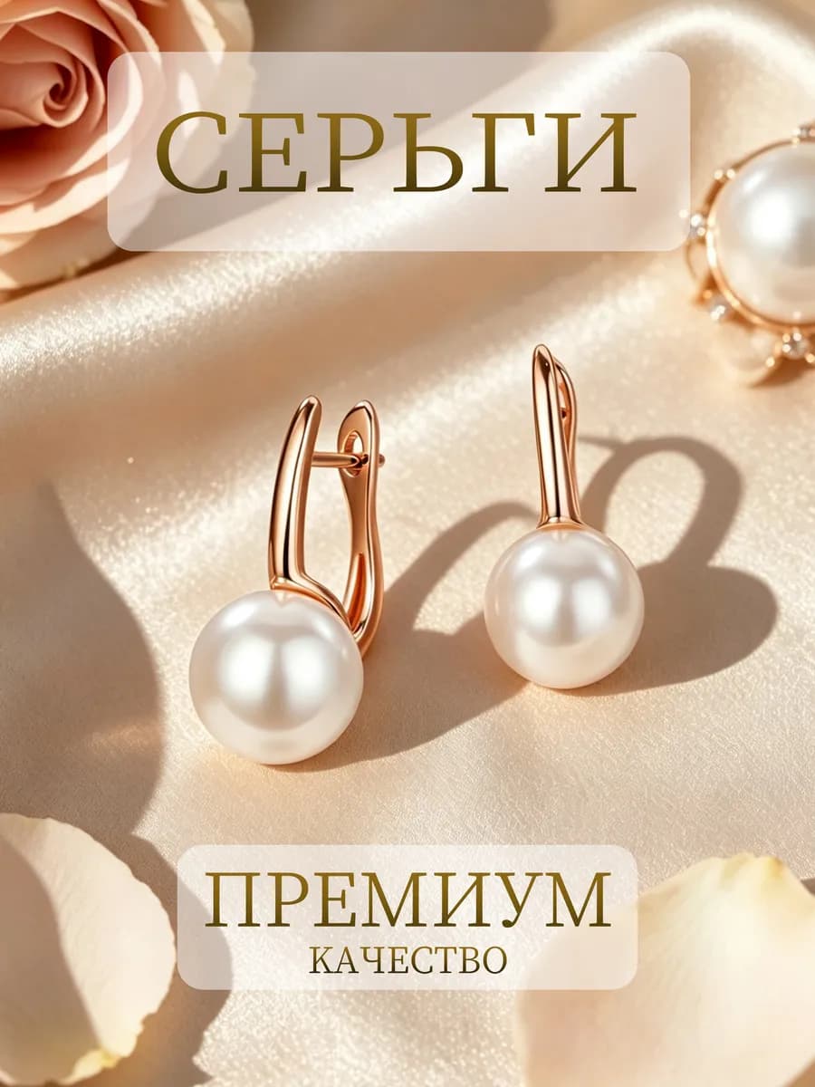 серьги жемчуг белым шары позолоченные медицинского сплава