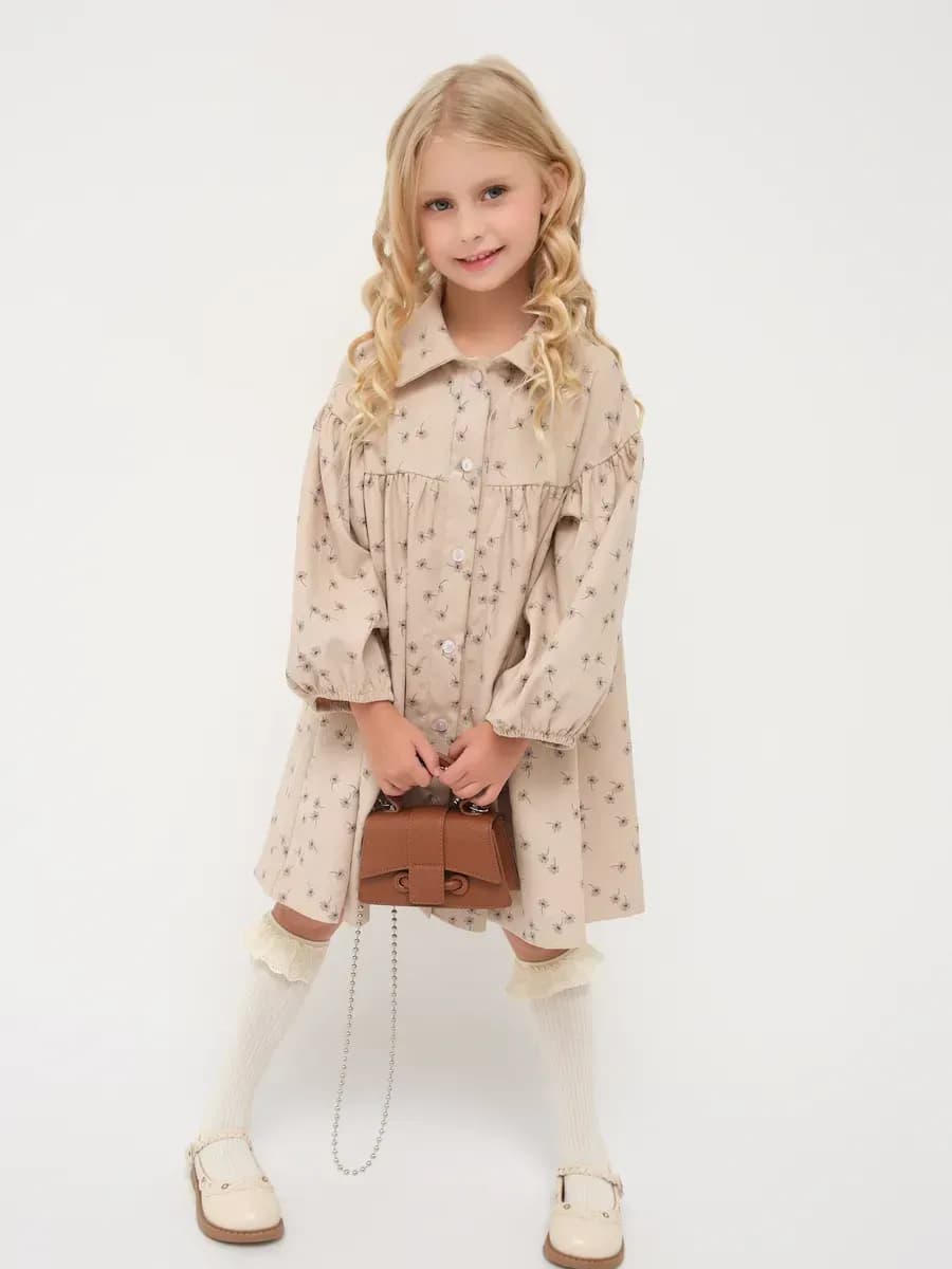 Платье вельветовое в садик с длинным рукавом