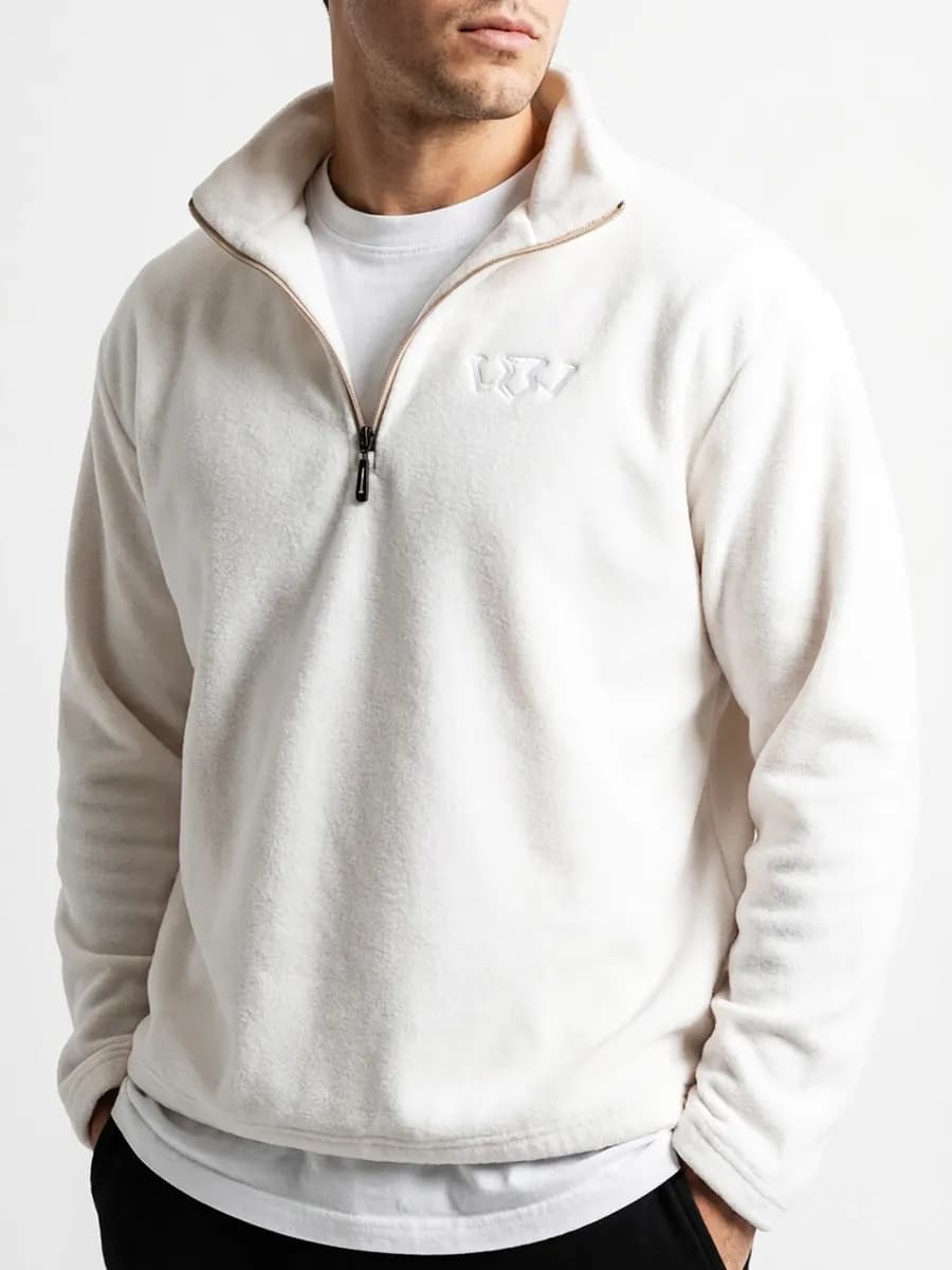 Толстовка свитшот бело-молочная флисовая полу-замок