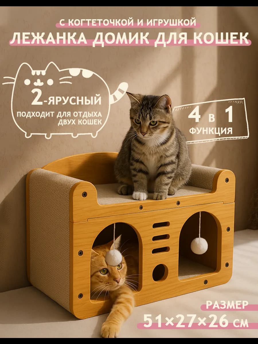 Лежанка домик для кошек с когтеточкой и игрушкой