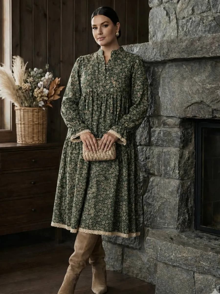 Платье больших размеров вельветовое с кружевом - фото 1