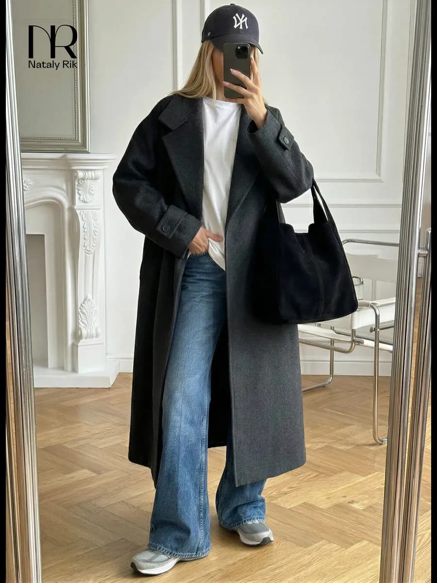 Пальто шерстяное оверсайз весна-осень длинное двубортное