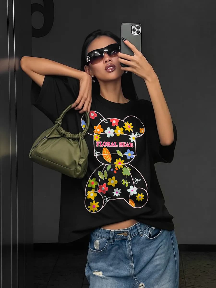 Футболка свободного кроя хлопок с принтом медведь зима 2025