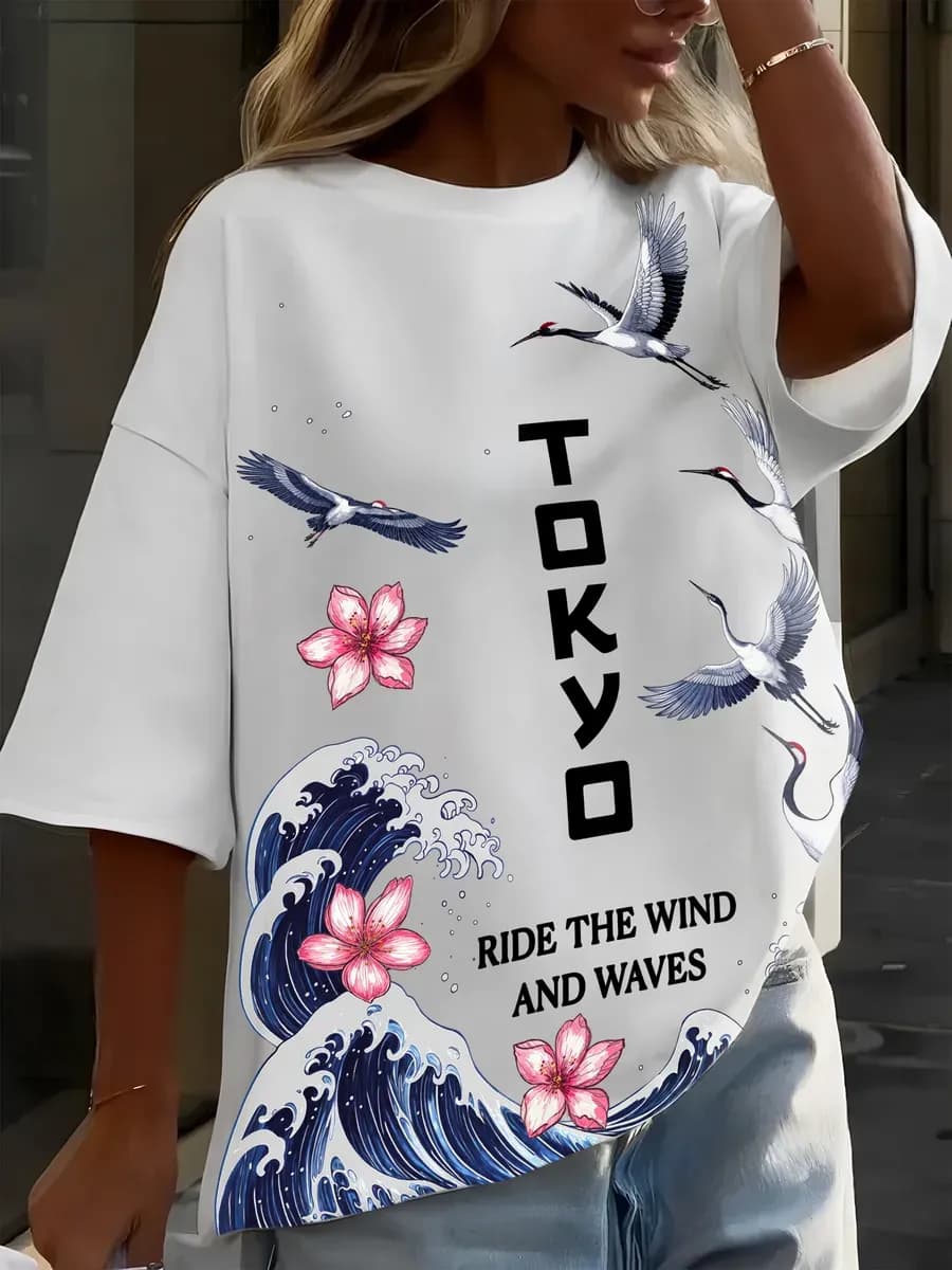 Футболка свободного кроя хлопок принт в японском стиле