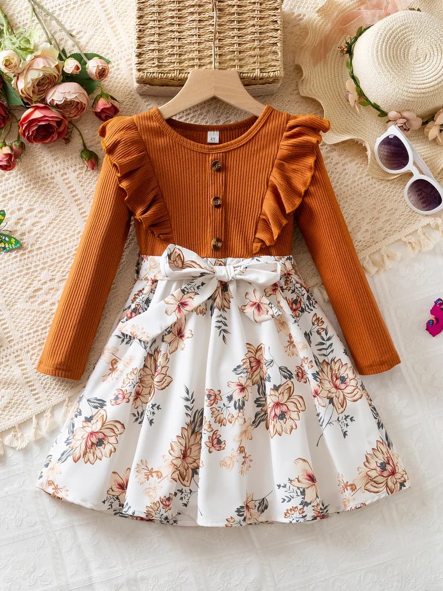 Коричневое детское платье с цветочной юбкой и бантом 3-8 лет