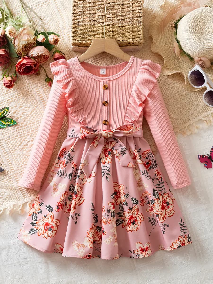 Коричневое детское платье с цветочной юбкой и бантом 3-8 лет