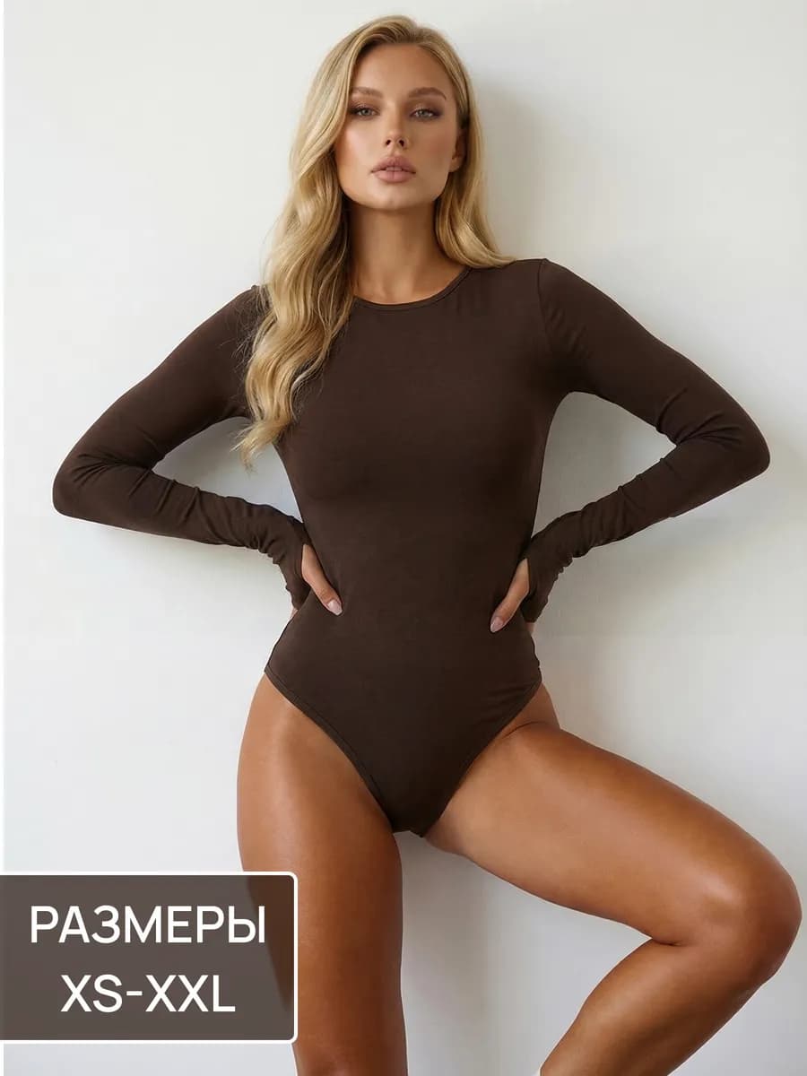 Боди с длинным рукавом с вырезом через палец утягивающий - фото 1