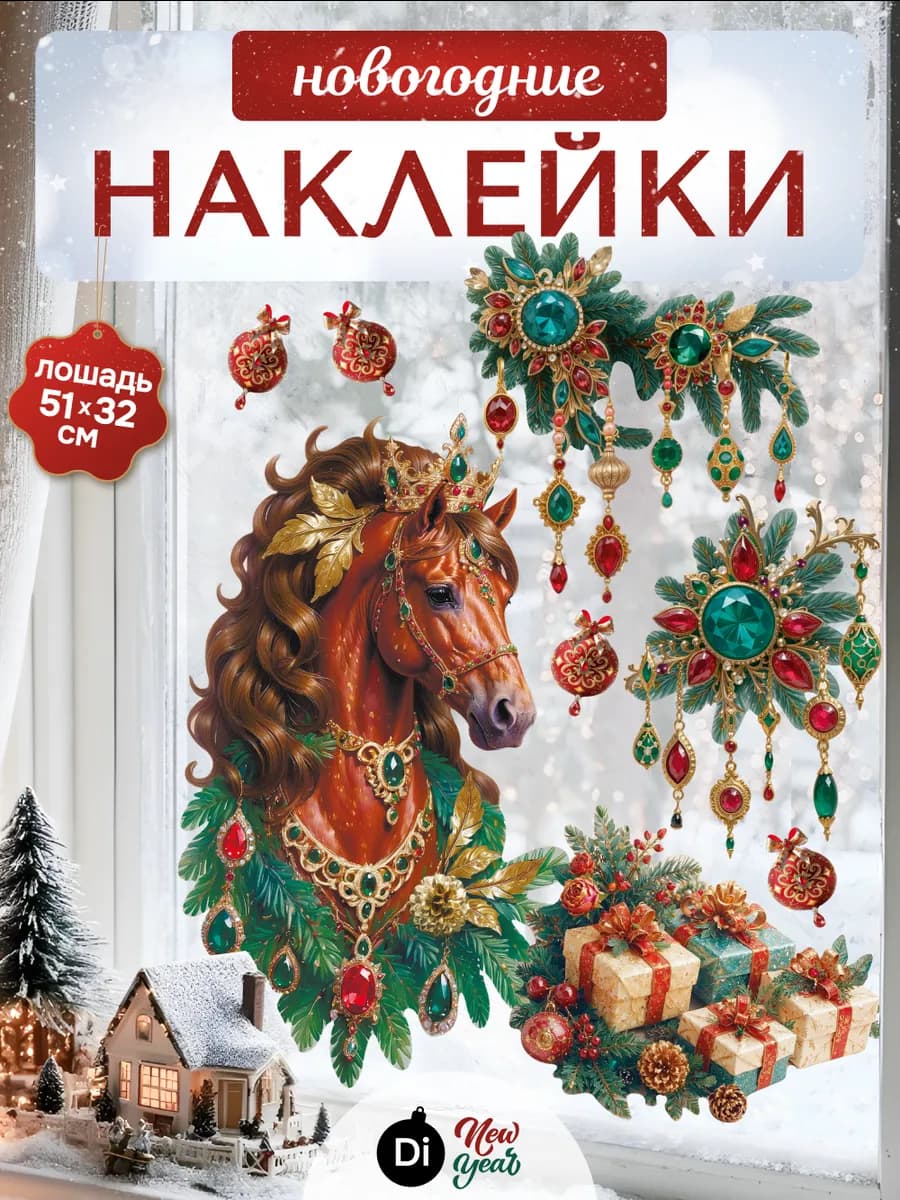 Новогодние наклейки на окно символ года огненная лошадь 2026