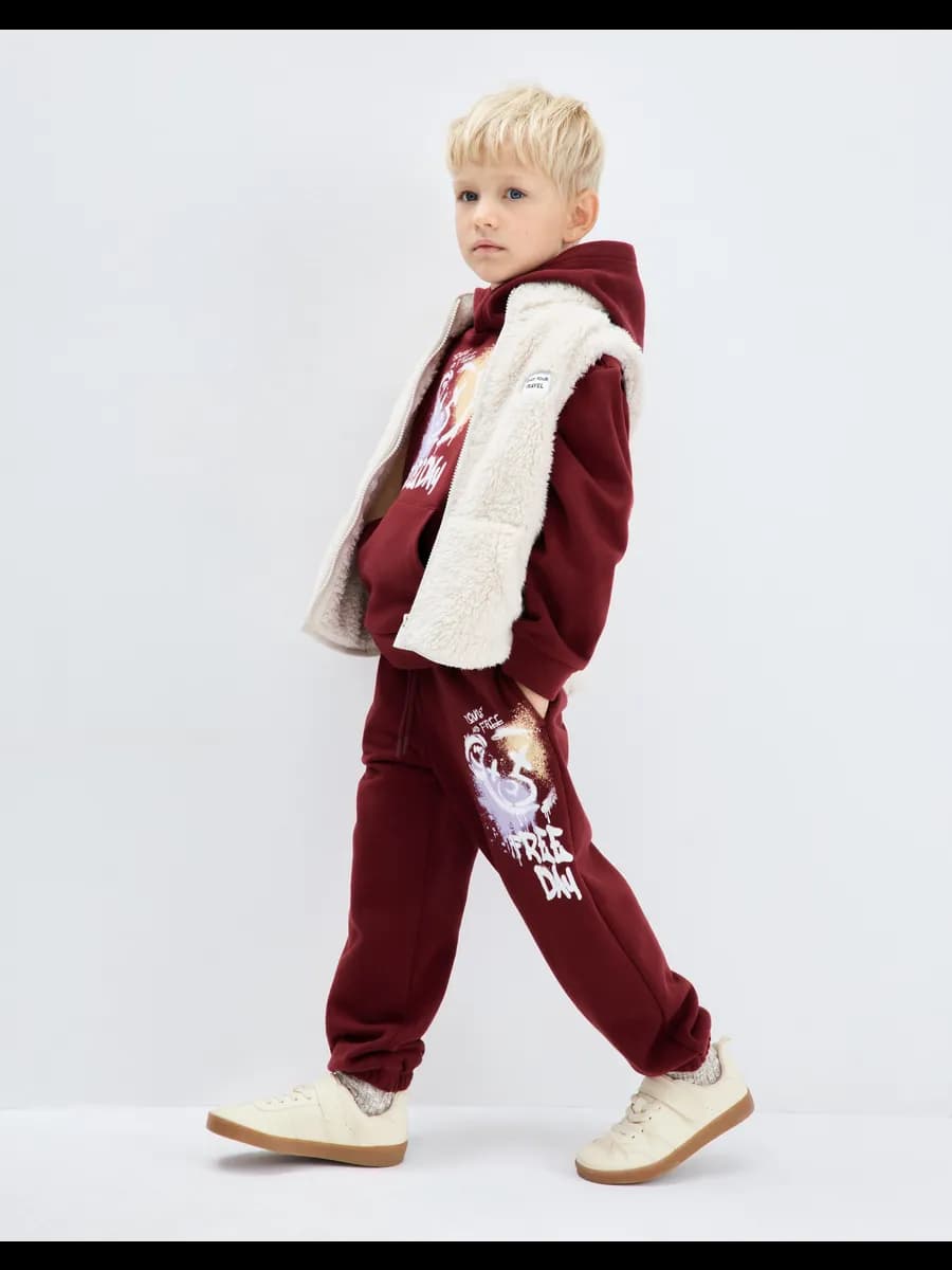 Бордовые спортивные брюки Jogger с принтом и начёсом - фото 1