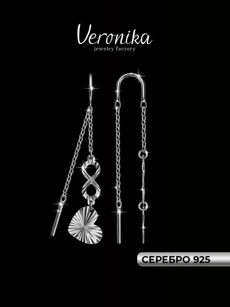 Серьги продевки серебро 925 пробы Сердце и бесконечность - фото 1