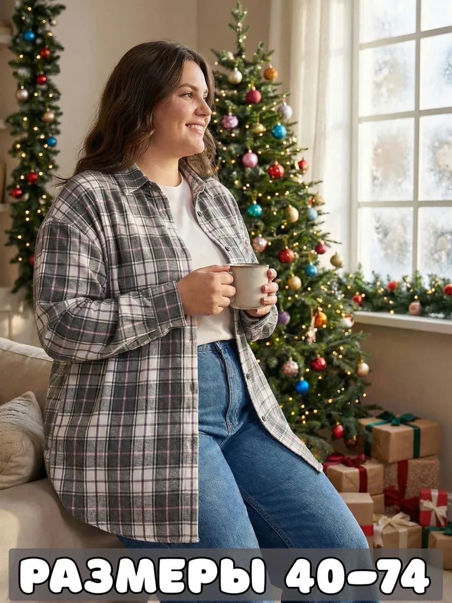 Рубашка оверсайз хлопок в клетку с карманом повседневная