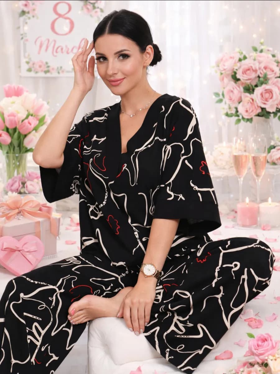 Пижама оверсайз со штанами больших размеров новогодняя