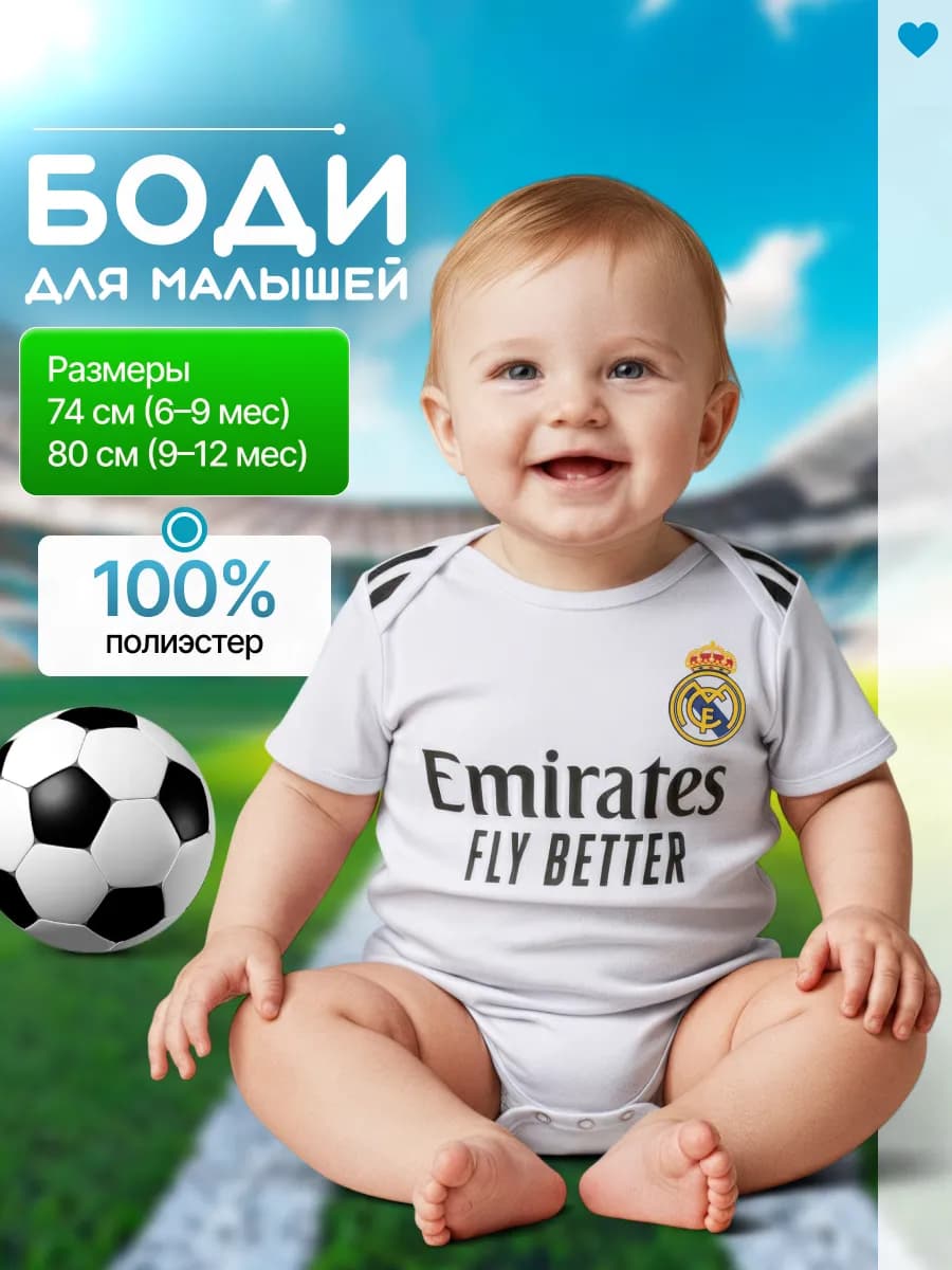 Футбольное боди для новорожденных малышей Реал Мадрид - фото 1