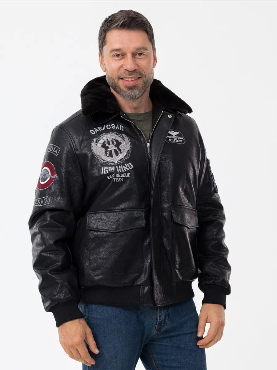 Куртка бомбер демисезон кожаная с мехом