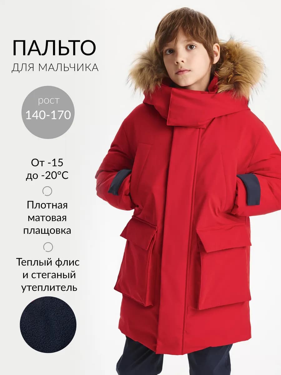 Пальто для мальчика на искусственном пуху плащевое красное