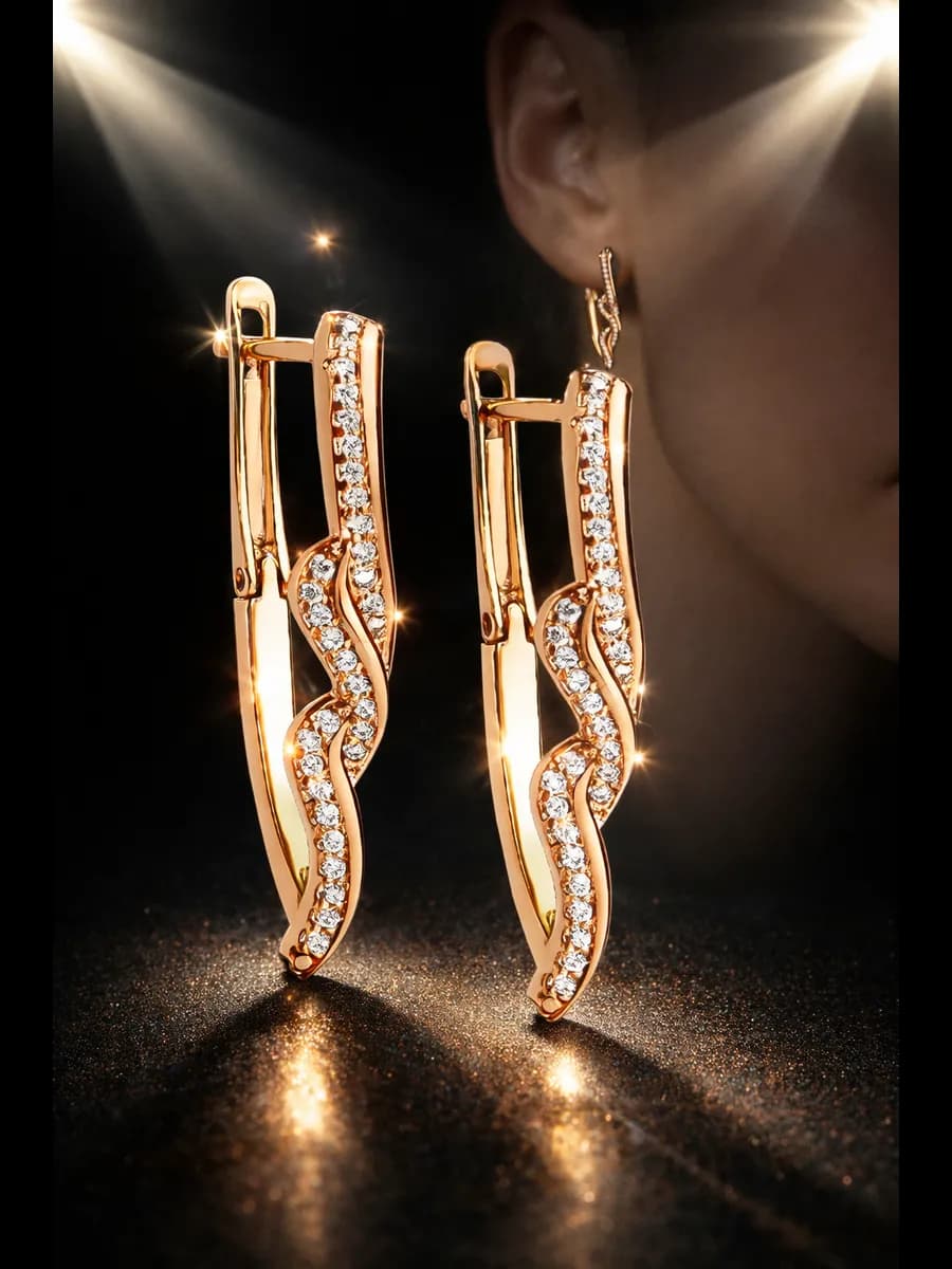 Серьги бижутерия длинные позолоченные с фианитами