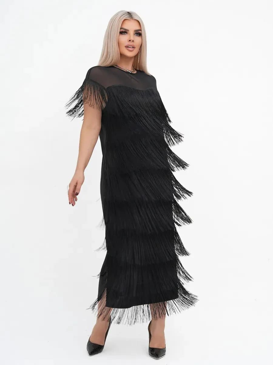 Платье длинное вечернее с бахромой
