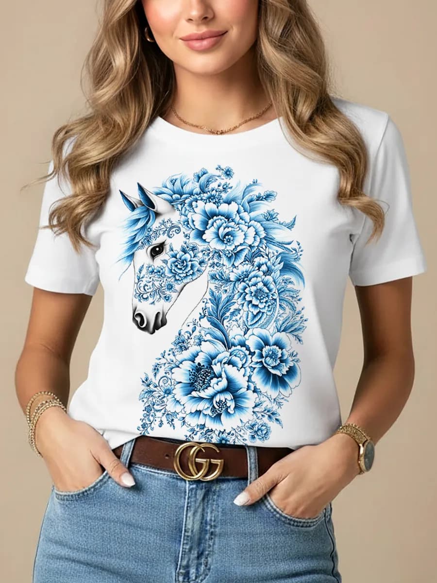 Новогодняя футболка 2026 со светящимся принтом Лошадь Гжель