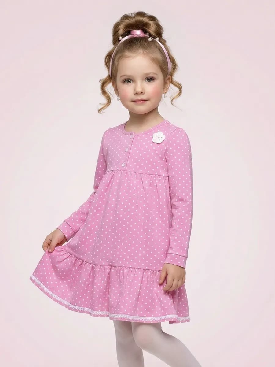 Платье розовое в горох с длинным рукавом нарядное в садик