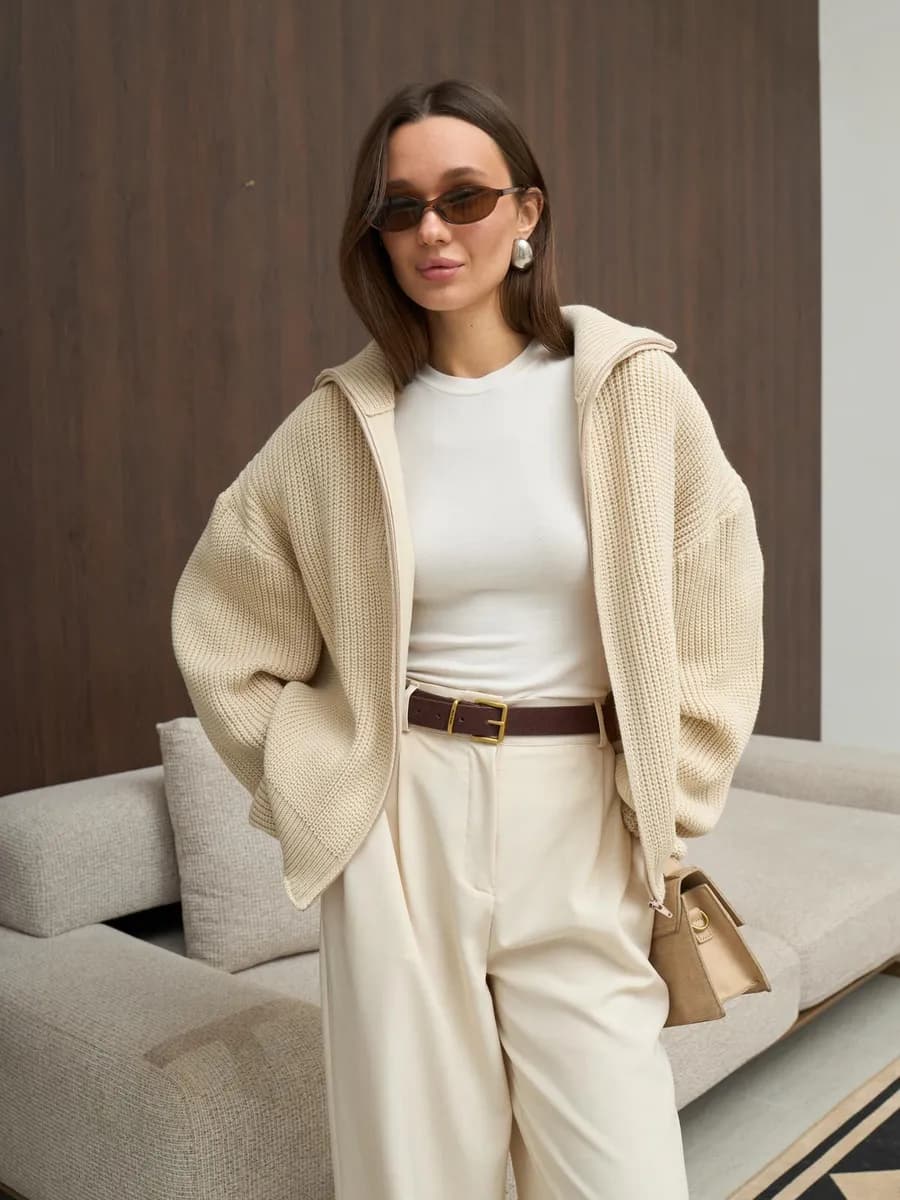 Кардиган оверсайз с воротником-стойкой на молнии