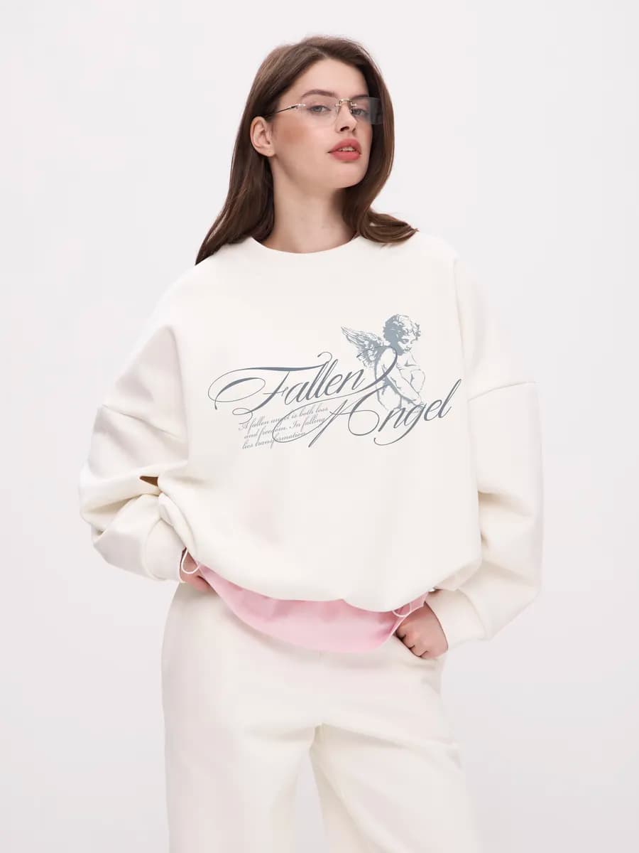 Свитшот оверсайз теплый с принтом и начесом