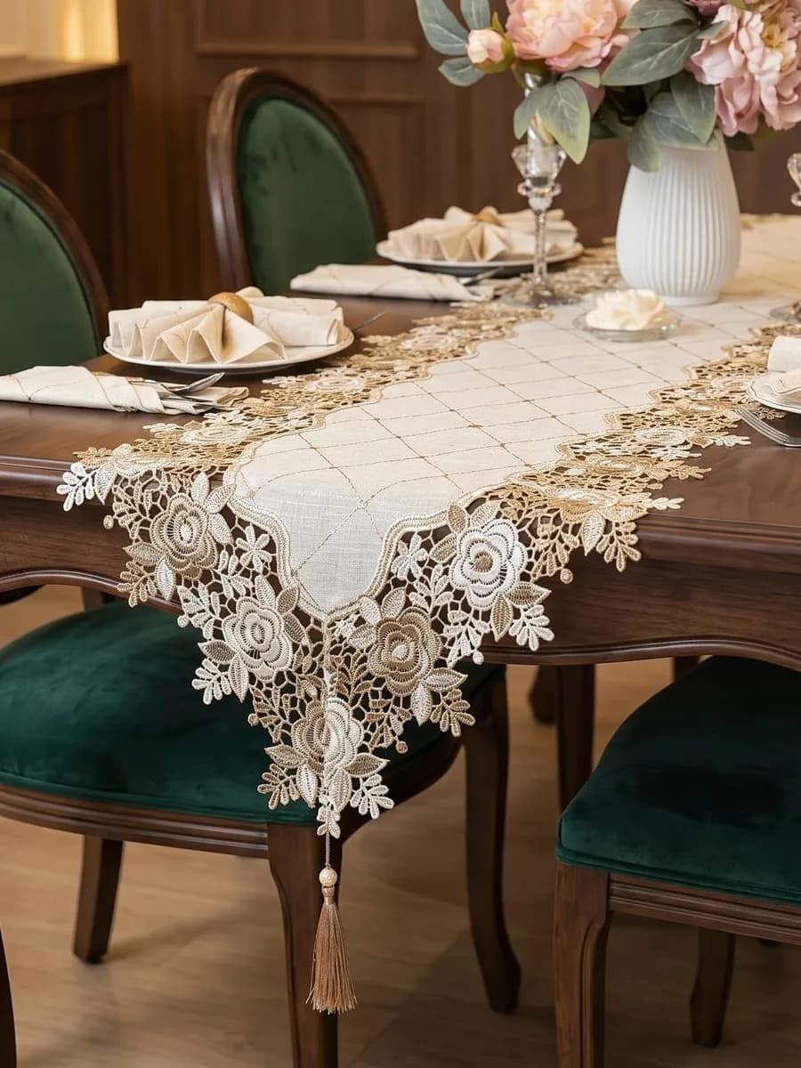 Салфетка декоративная на стол 40*130 тканевая лен с кружевом