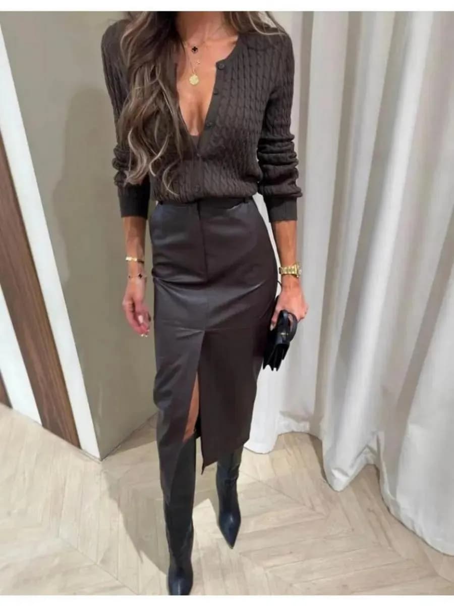 Юбка кожаная макси с разрезом